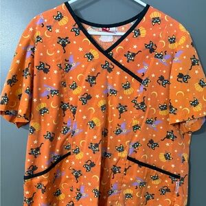 Orange Halloween Cat Print Scrub Top